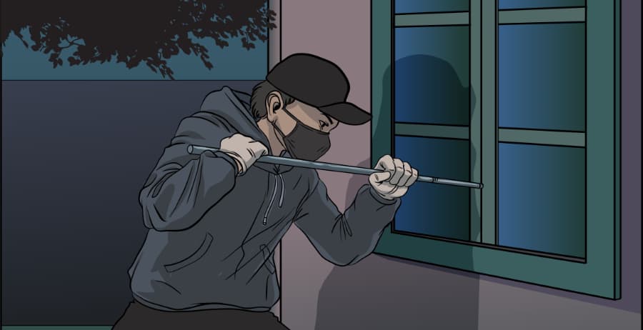 Illustration of burglar forcing entry through a window in Jamestown