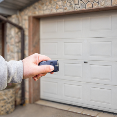 Jamestown security key fob pointing to a garage door